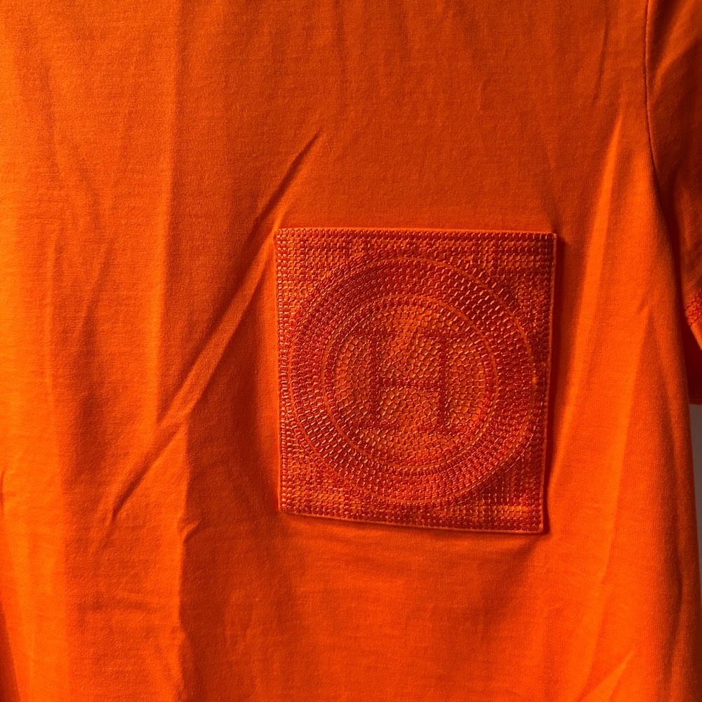 Hermes Orange Embellished Logo Pocket Tee